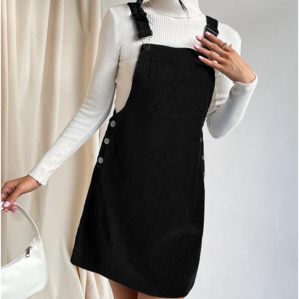 Classic Elegant Corduroy Solid Pocket Jumper Overall Dress Without Sweater BLACK - Picture 5 of 13